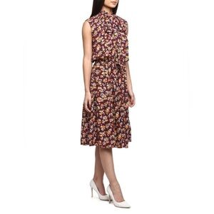 PoloRalph Lauren Burgundy Floral Tie-Neck Midi Dress with Yellow & Cream Accents